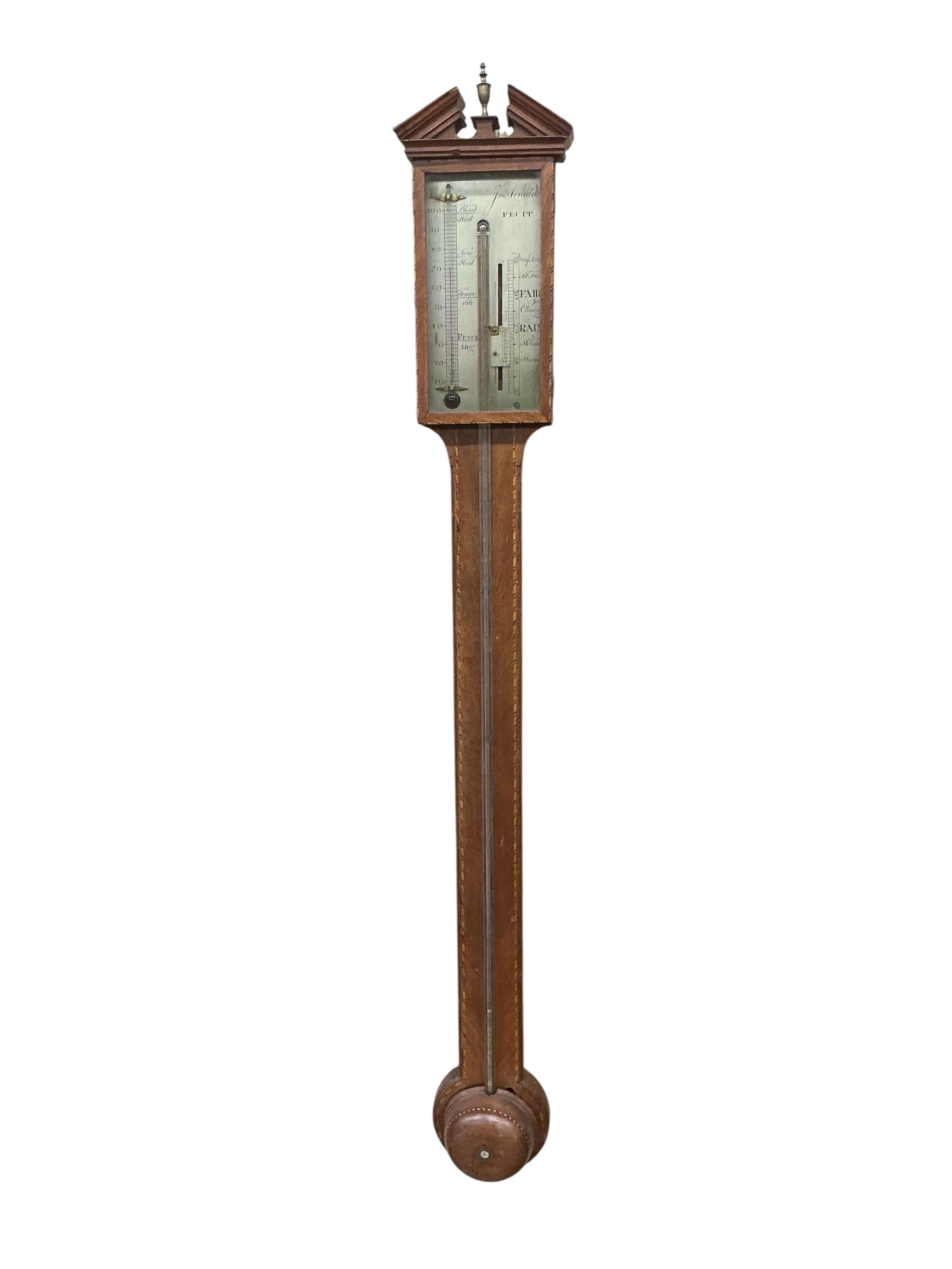 A 19th century inlaid mahogany stick barometer, silvered dial marked J Arnoldi, height 99cm